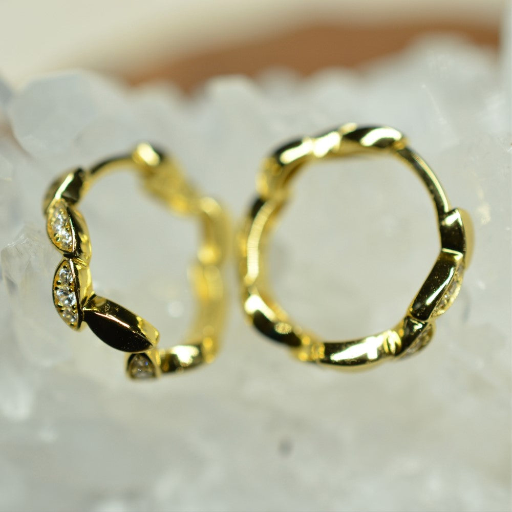 14K Gold Plated Leaf Motif 925 Sterling Silver Huggie Hoop Earrings with Cubic Zirconia by Mc9vn | Gift for Her | Ship from US |