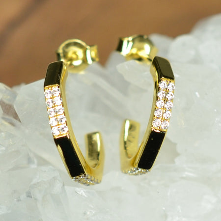 14K Yellow Gold Plated Octagonal Huggie Open Hoop 925 Sterling Silver Earrings with Cubic Zirconia by Mc9vn | Gift for Her | Ship from US |