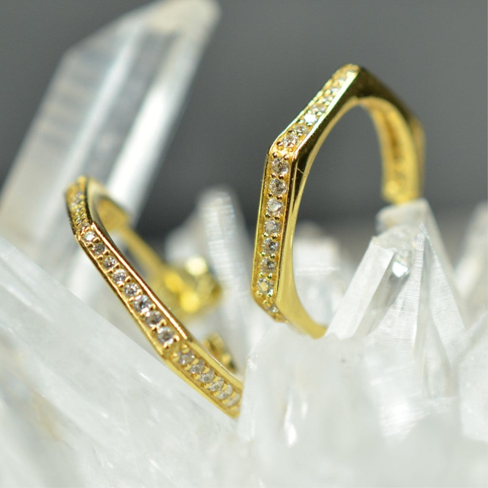 14K Yellow Gold Plated 925 Sterling Silver Hexagonal Huggie Open Hoop Earrings with Cubic Zirconia by Mc9vn | Gift for Her | Ship from US |