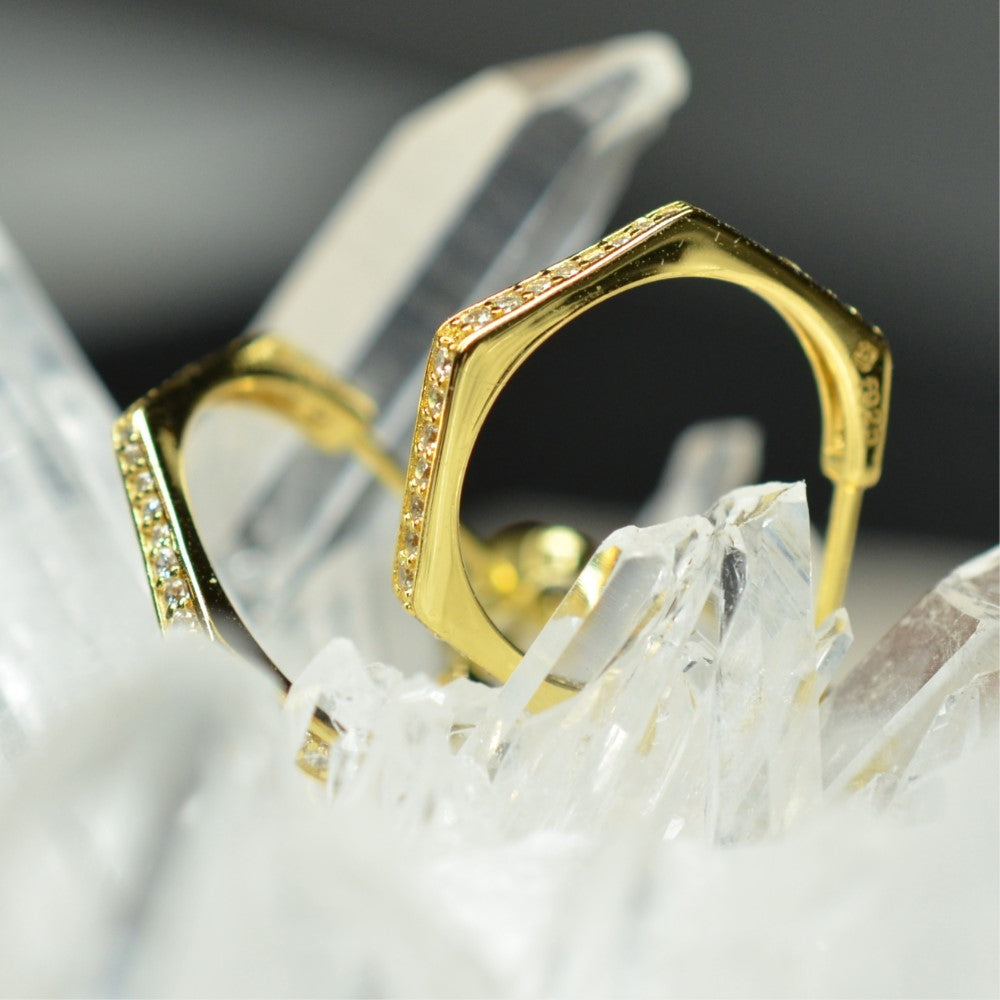 14K Yellow Gold Plated 925 Sterling Silver Hexagonal Huggie Open Hoop Earrings with Cubic Zirconia by Mc9vn | Gift for Her | Ship from US |