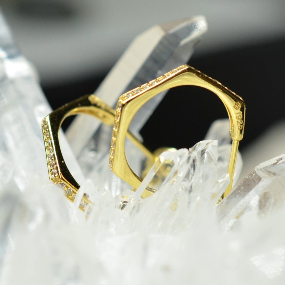 14K Yellow Gold Plated 925 Sterling Silver Hexagonal Huggie Open Hoop Earrings with Cubic Zirconia by Mc9vn | Gift for Her | Ship from US |