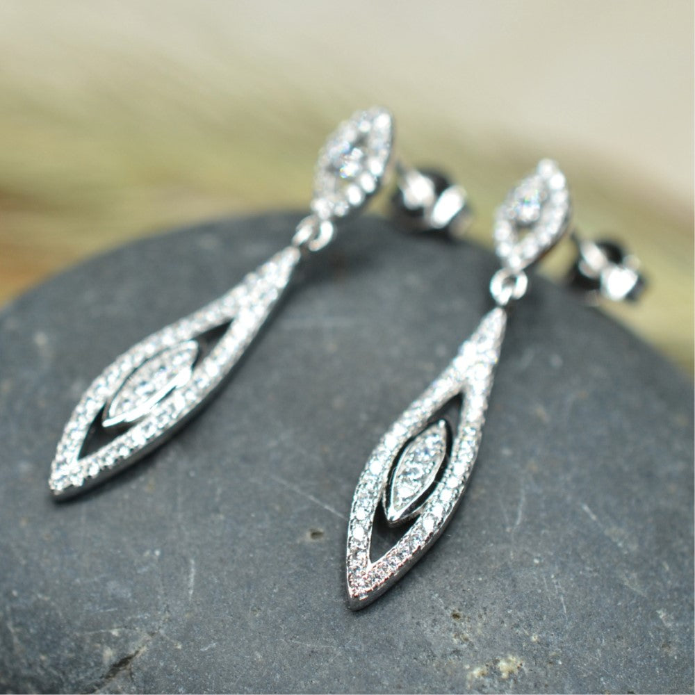 Marquise Motif Dangling 925 Sterling Silver Platinum & Rhodium Plated Earrings w/ Cubic Zirconia by Mc9vn | Gift for Her | Ship from US |