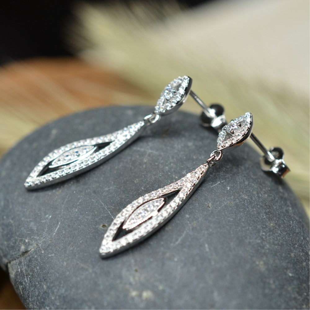 Marquise Motif Dangling 925 Sterling Silver Platinum & Rhodium Plated Earrings w/ Cubic Zirconia by Mc9vn | Gift for Her | Ship from US |