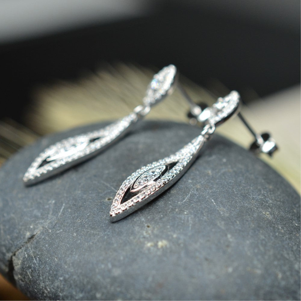 Marquise Motif Dangling 925 Sterling Silver Platinum & Rhodium Plated Earrings w/ Cubic Zirconia by Mc9vn | Gift for Her | Ship from US |