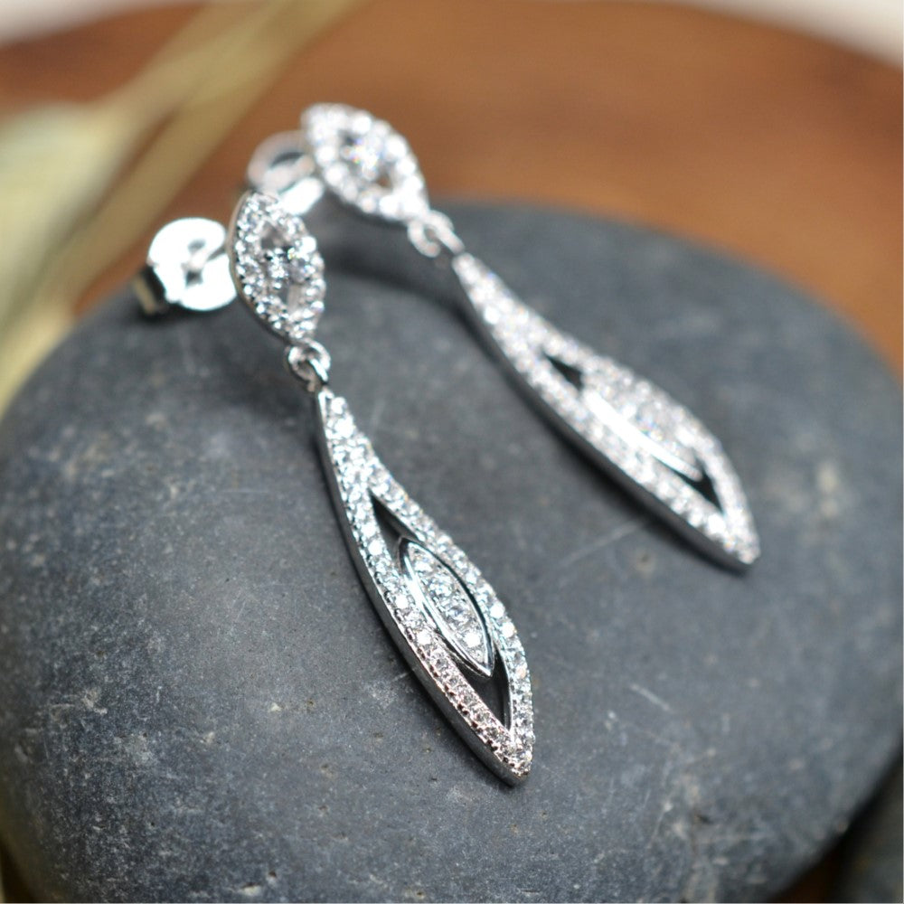 Marquise Motif Dangling 925 Sterling Silver Platinum & Rhodium Plated Earrings w/ Cubic Zirconia by Mc9vn | Gift for Her | Ship from US |