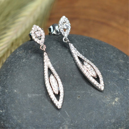 Marquise Motif Dangling 925 Sterling Silver Platinum & Rhodium Plated Earrings w/ Cubic Zirconia by Mc9vn | Gift for Her | Ship from US |