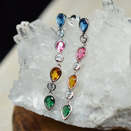 925 Sterling Silver Earrings Platinum Plated Pear Shape Long Dangling Blue Red Yellow Green Nano Gem Cubic Zirconia by Mc9vn |Gift for Her|