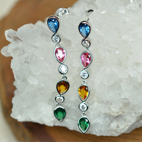 925 Sterling Silver Earrings Platinum Plated Pear Shape Long Dangling Blue Red Yellow Green Nano Gem Cubic Zirconia by Mc9vn |Gift for Her|