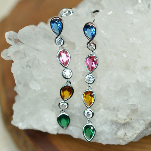 925 Sterling Silver Earrings Platinum Plated Pear Shape Long Dangling Blue Red Yellow Green Nano Gem Cubic Zirconia by Mc9vn |Gift for Her|