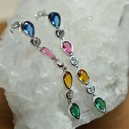 925 Sterling Silver Earrings Platinum Plated Pear Shape Long Dangling Blue Red Yellow Green Nano Gem Cubic Zirconia by Mc9vn |Gift for Her|