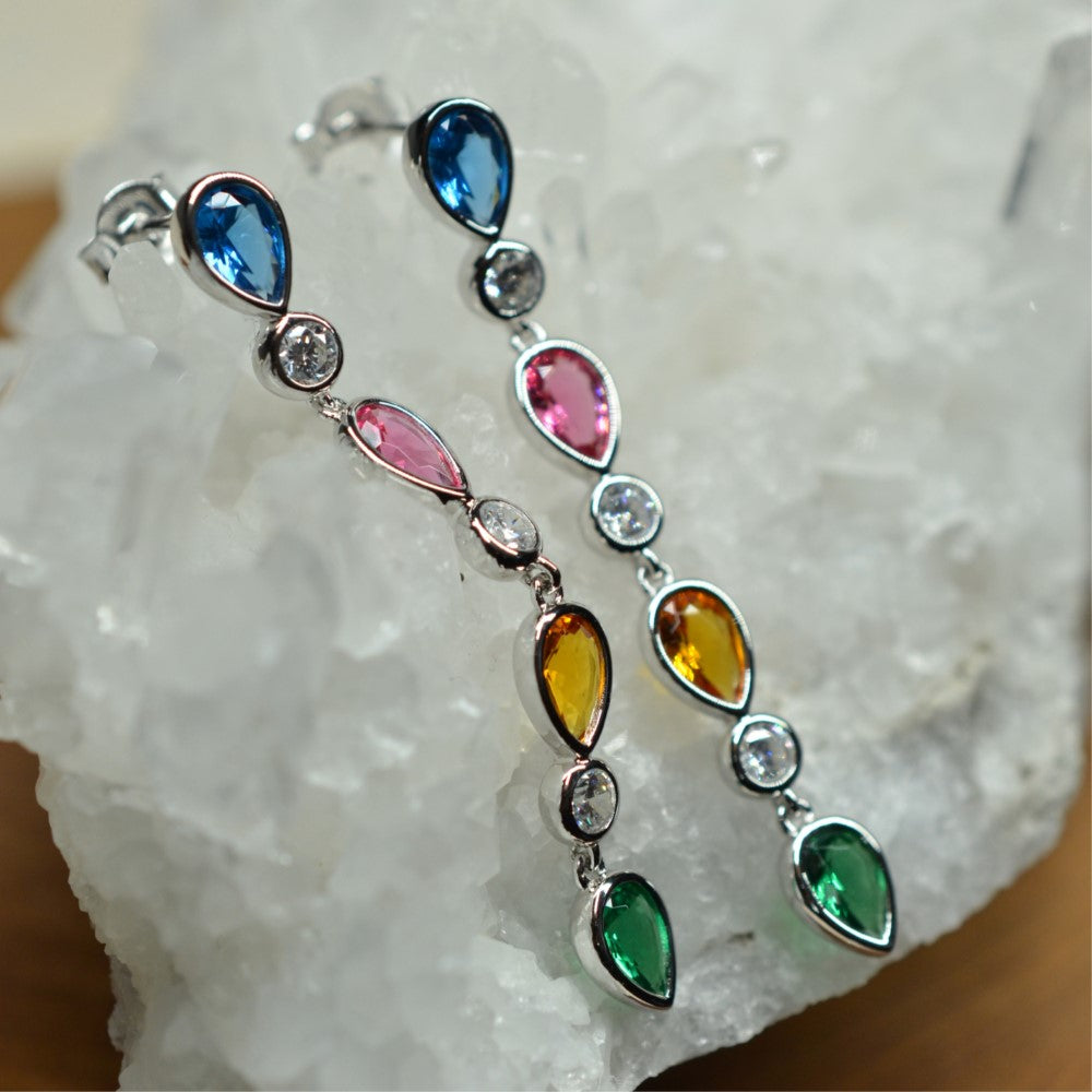 925 Sterling Silver Earrings Platinum Plated Pear Shape Long Dangling Blue Red Yellow Green Nano Gem Cubic Zirconia by Mc9vn |Gift for Her|