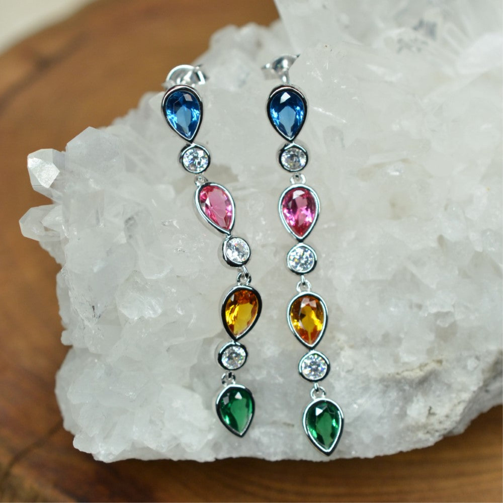 925 Sterling Silver Earrings Platinum Plated Pear Shape Long Dangling Blue Red Yellow Green Nano Gem Cubic Zirconia by Mc9vn |Gift for Her|