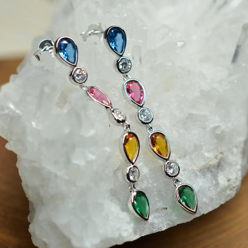 925 Sterling Silver Earrings Platinum Plated Pear Shape Long Dangling Blue Red Yellow Green Nano Gem Cubic Zirconia by Mc9vn |Gift for Her|