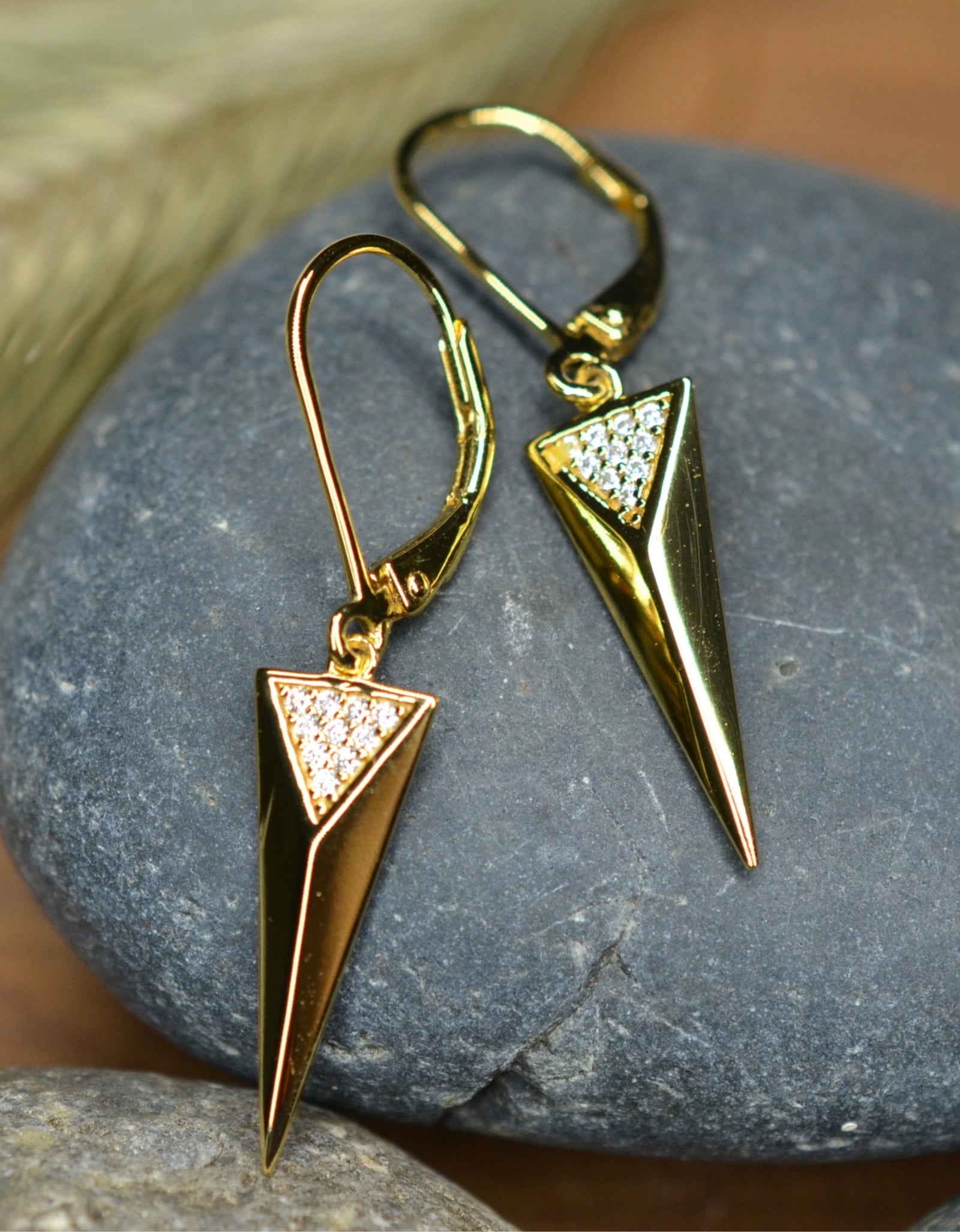 925 Sterling 14K Yellow Gold Plated Dangling Triangle Pyramid Silver Earrings  with Cubic Zirconia by Mc9vn | Gift for Her | Ship from US |