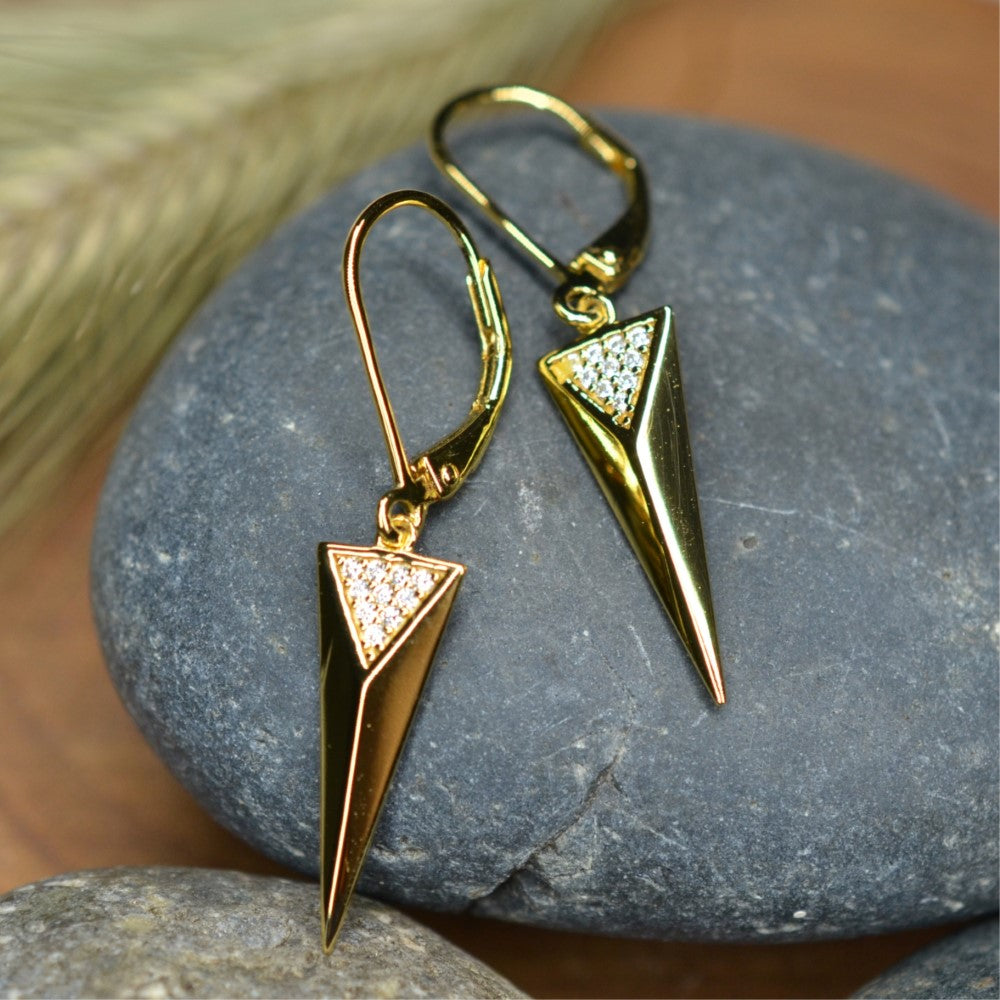 925 Sterling 14K Yellow Gold Plated Dangling Triangle Pyramid Silver Earrings  with Cubic Zirconia by Mc9vn | Gift for Her | Ship from US |