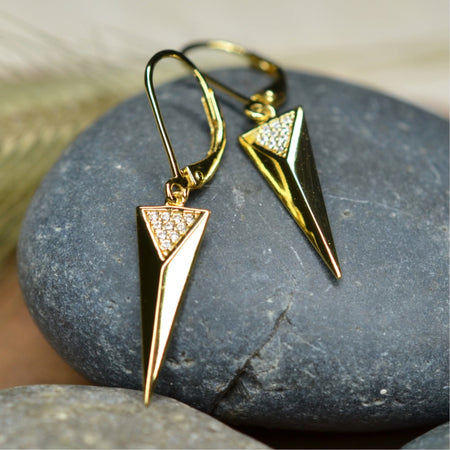 925 Sterling 14K Yellow Gold Plated Dangling Triangle Pyramid Silver Earrings  with Cubic Zirconia by Mc9vn | Gift for Her | Ship from US |