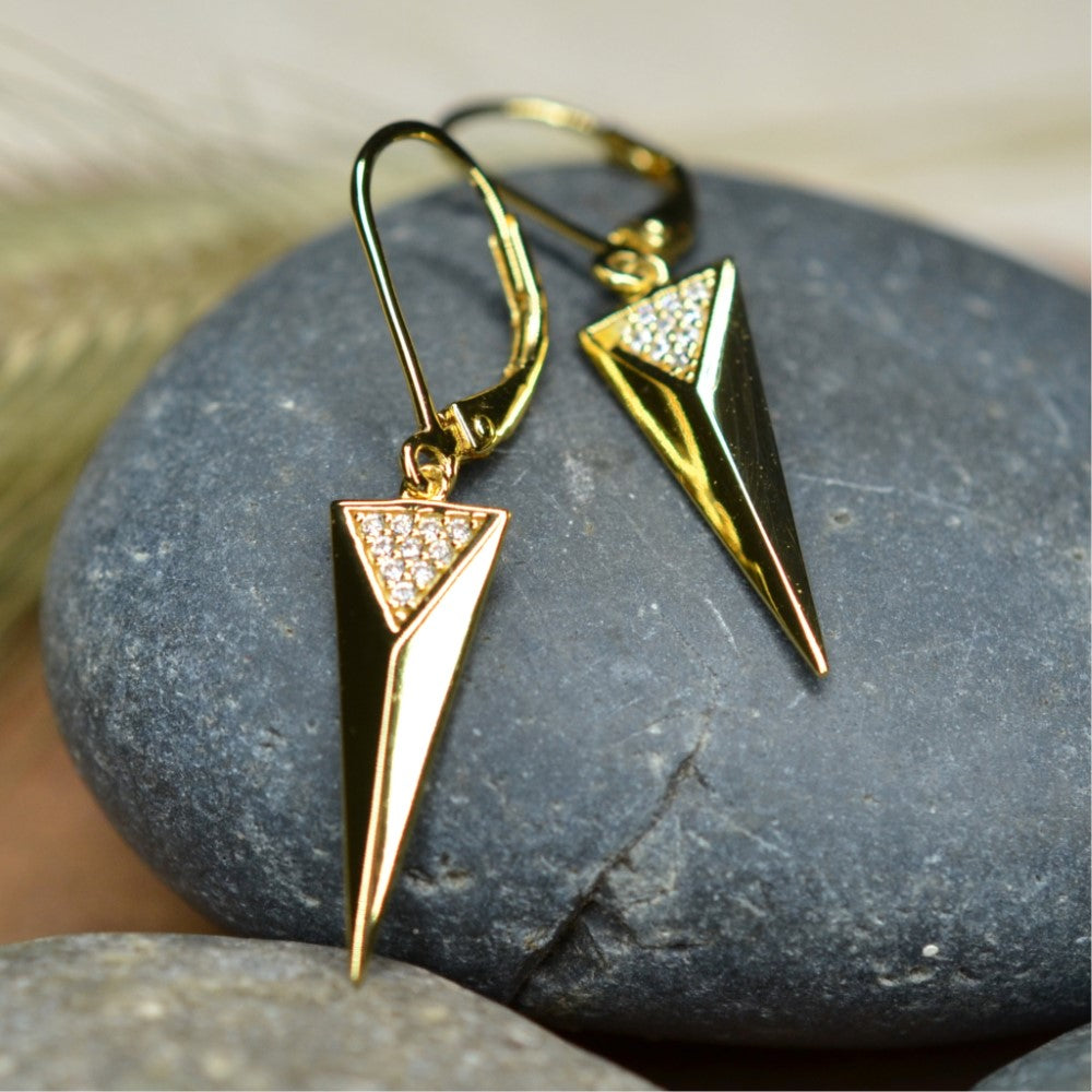 925 Sterling 14K Yellow Gold Plated Dangling Triangle Pyramid Silver Earrings  with Cubic Zirconia by Mc9vn | Gift for Her | Ship from US |