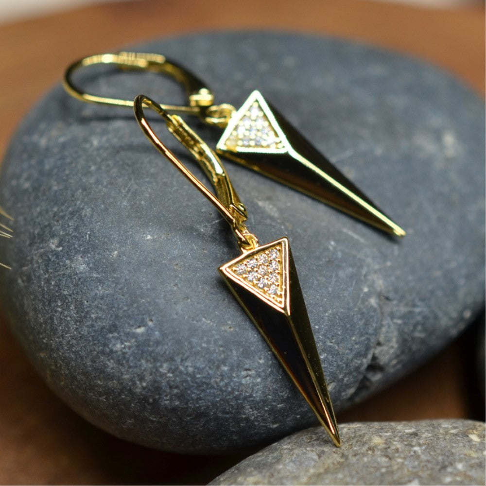 925 Sterling 14K Yellow Gold Plated Dangling Triangle Pyramid Silver Earrings  with Cubic Zirconia by Mc9vn | Gift for Her | Ship from US |