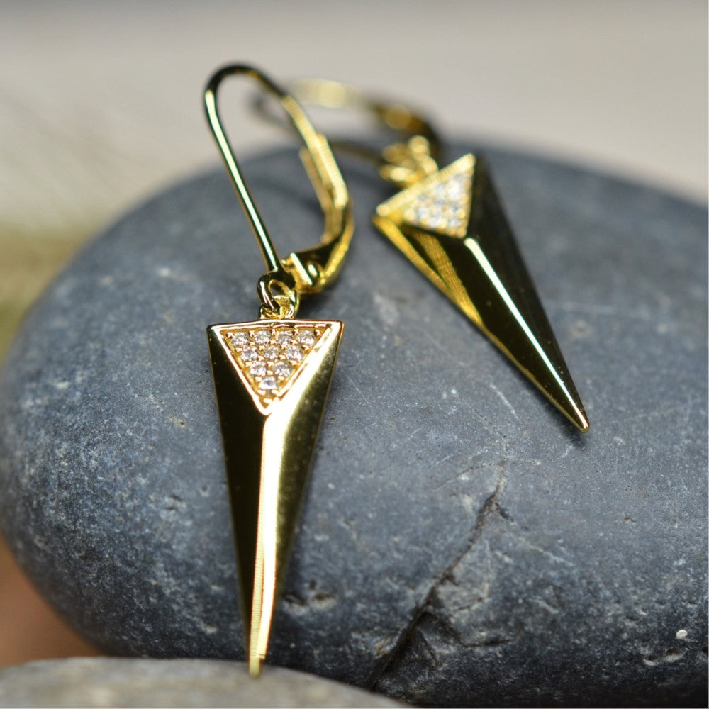 925 Sterling 14K Yellow Gold Plated Dangling Triangle Pyramid Silver Earrings  with Cubic Zirconia by Mc9vn | Gift for Her | Ship from US |