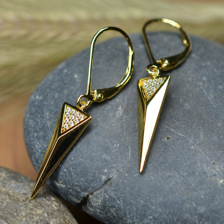 925 Sterling 14K Yellow Gold Plated Dangling Triangle Pyramid Silver Earrings  with Cubic Zirconia by Mc9vn | Gift for Her | Ship from US |