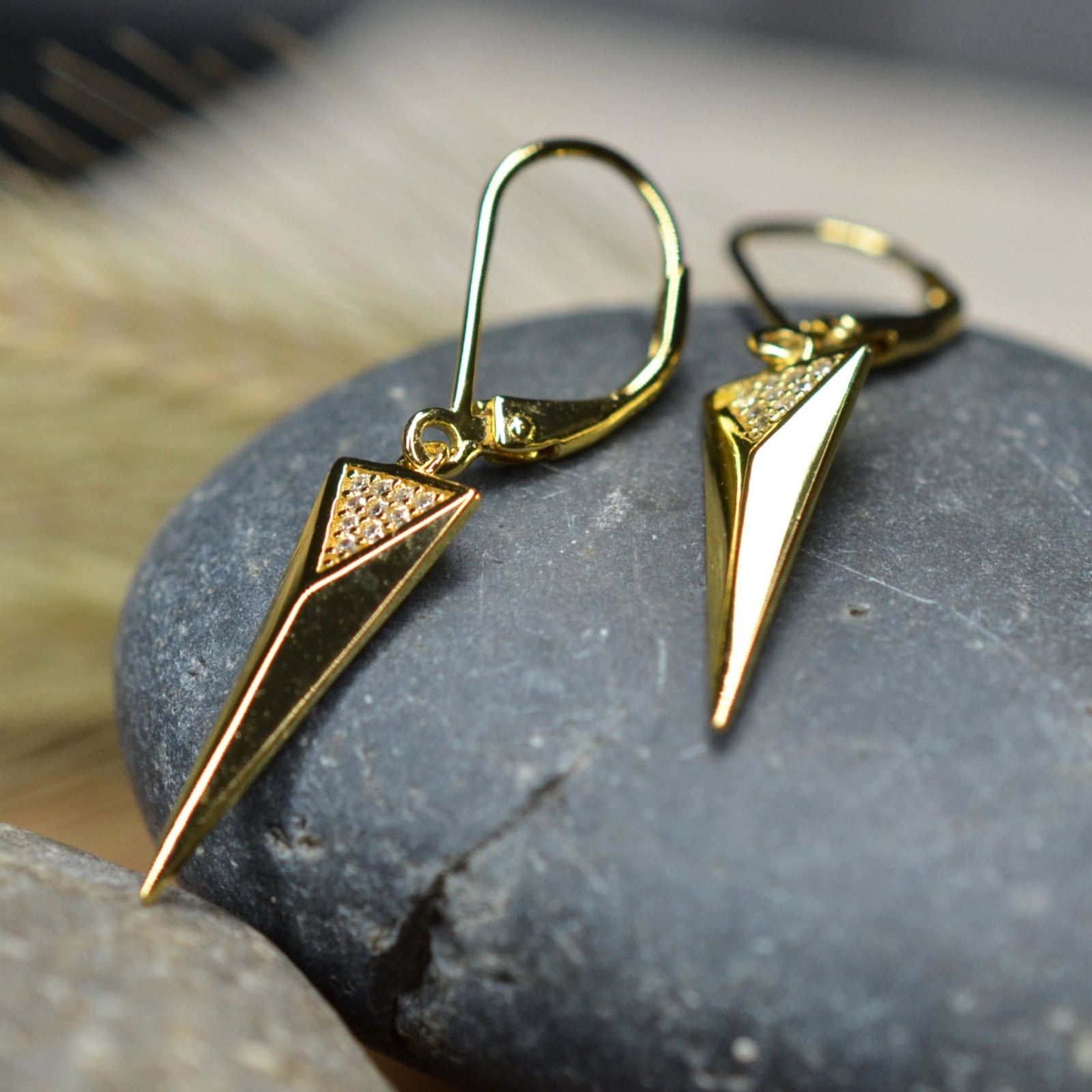 925 Sterling 14K Yellow Gold Plated Dangling Triangle Pyramid Silver Earrings  with Cubic Zirconia by Mc9vn | Gift for Her | Ship from US |