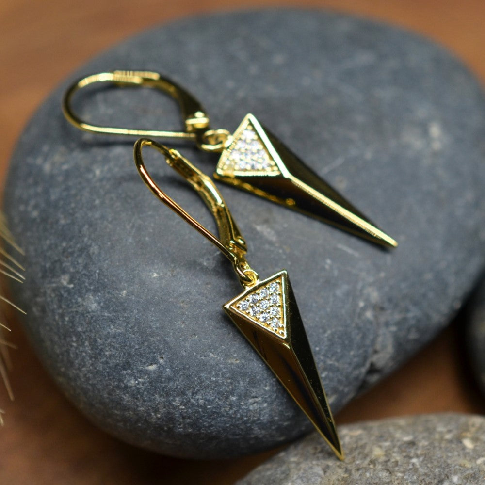 925 Sterling 14K Yellow Gold Plated Dangling Triangle Pyramid Silver Earrings  with Cubic Zirconia by Mc9vn | Gift for Her | Ship from US |