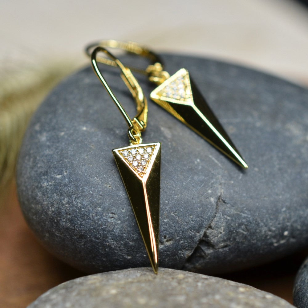 925 Sterling 14K Yellow Gold Plated Dangling Triangle Pyramid Silver Earrings  with Cubic Zirconia by Mc9vn | Gift for Her | Ship from US |