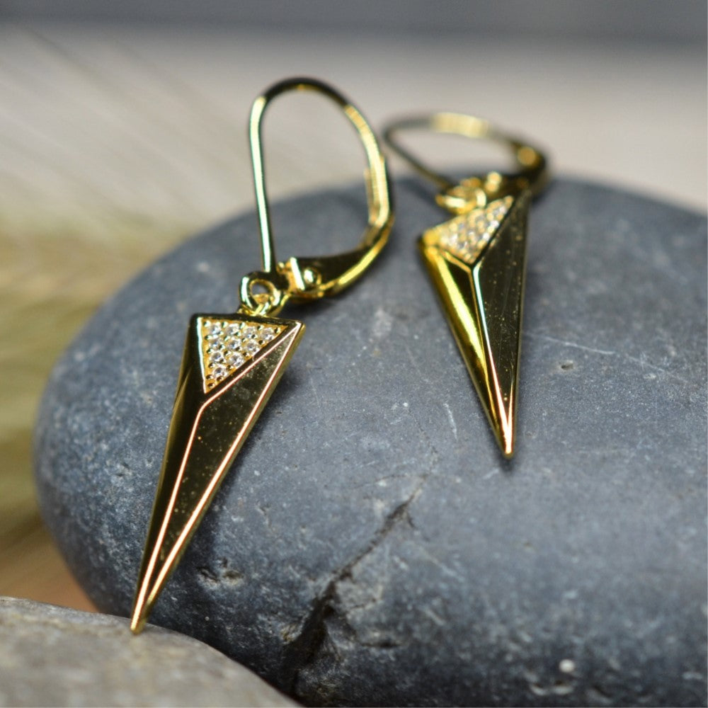 925 Sterling 14K Yellow Gold Plated Dangling Triangle Pyramid Silver Earrings  with Cubic Zirconia by Mc9vn | Gift for Her | Ship from US |