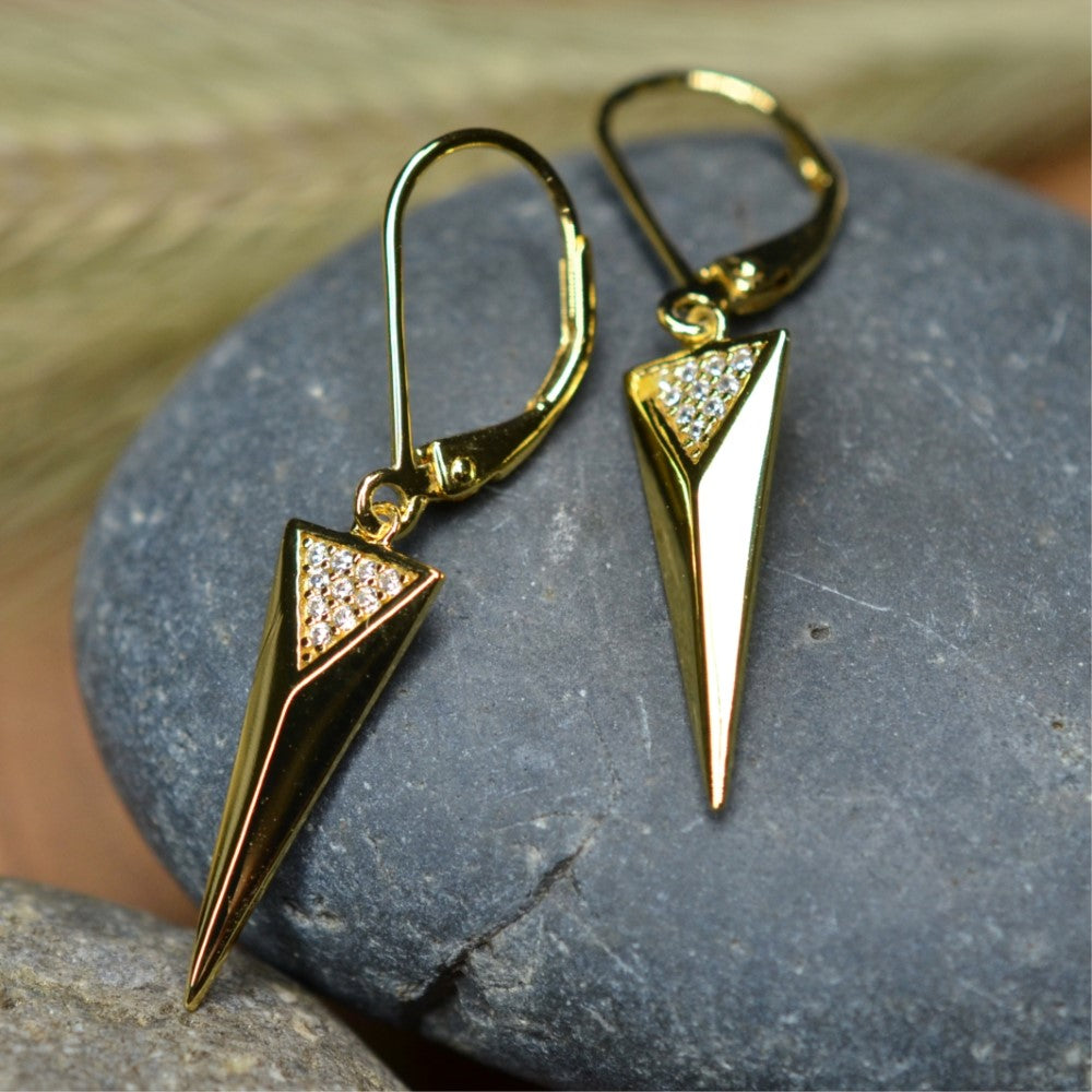 925 Sterling 14K Yellow Gold Plated Dangling Triangle Pyramid Silver Earrings  with Cubic Zirconia by Mc9vn | Gift for Her | Ship from US |