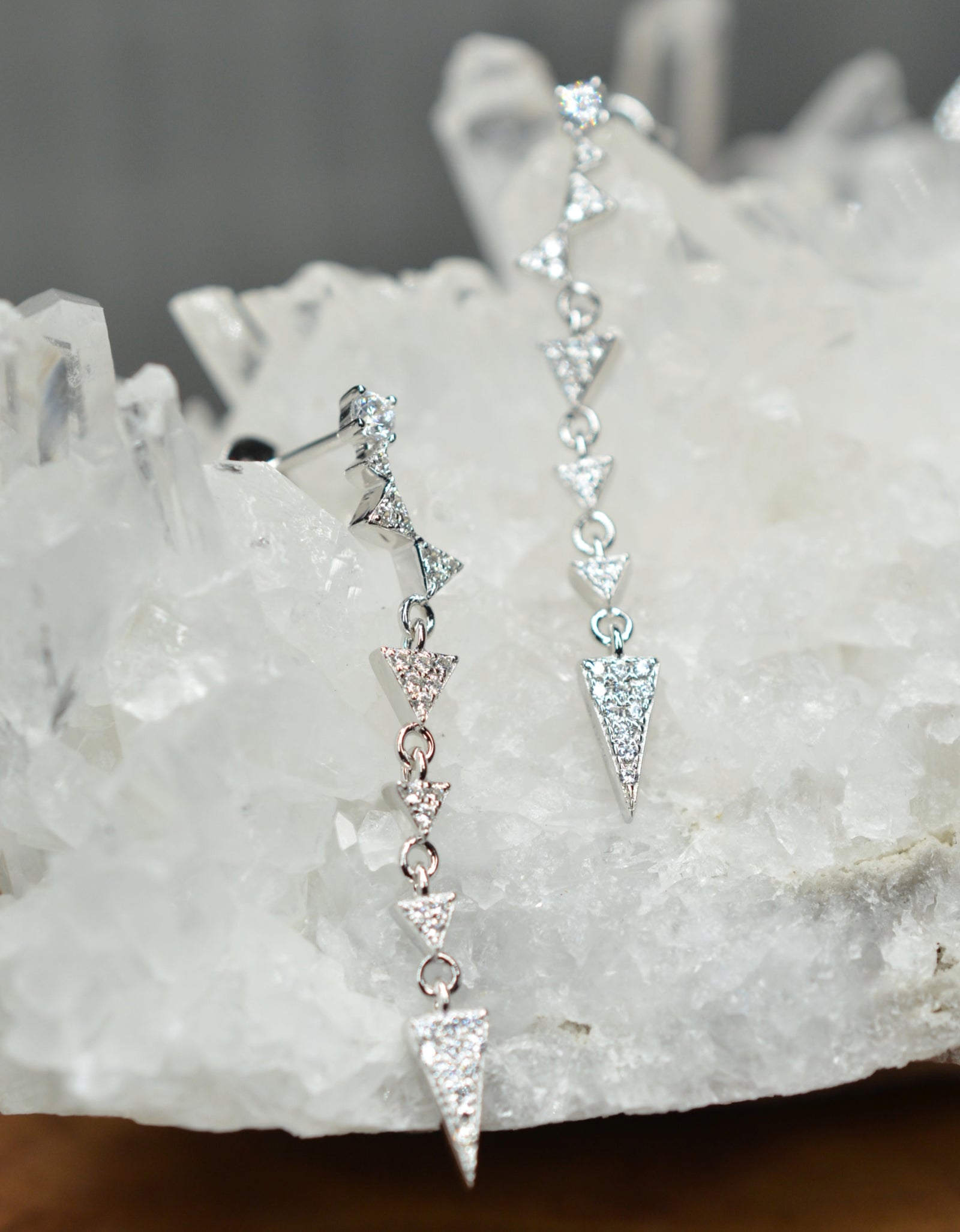 925 Sterling Silver Platinum & Rhodium Plated Long Dangling Triangles Earrings with Cubic Zirconia by Mc9vn | Gift for Her | Ship from US |