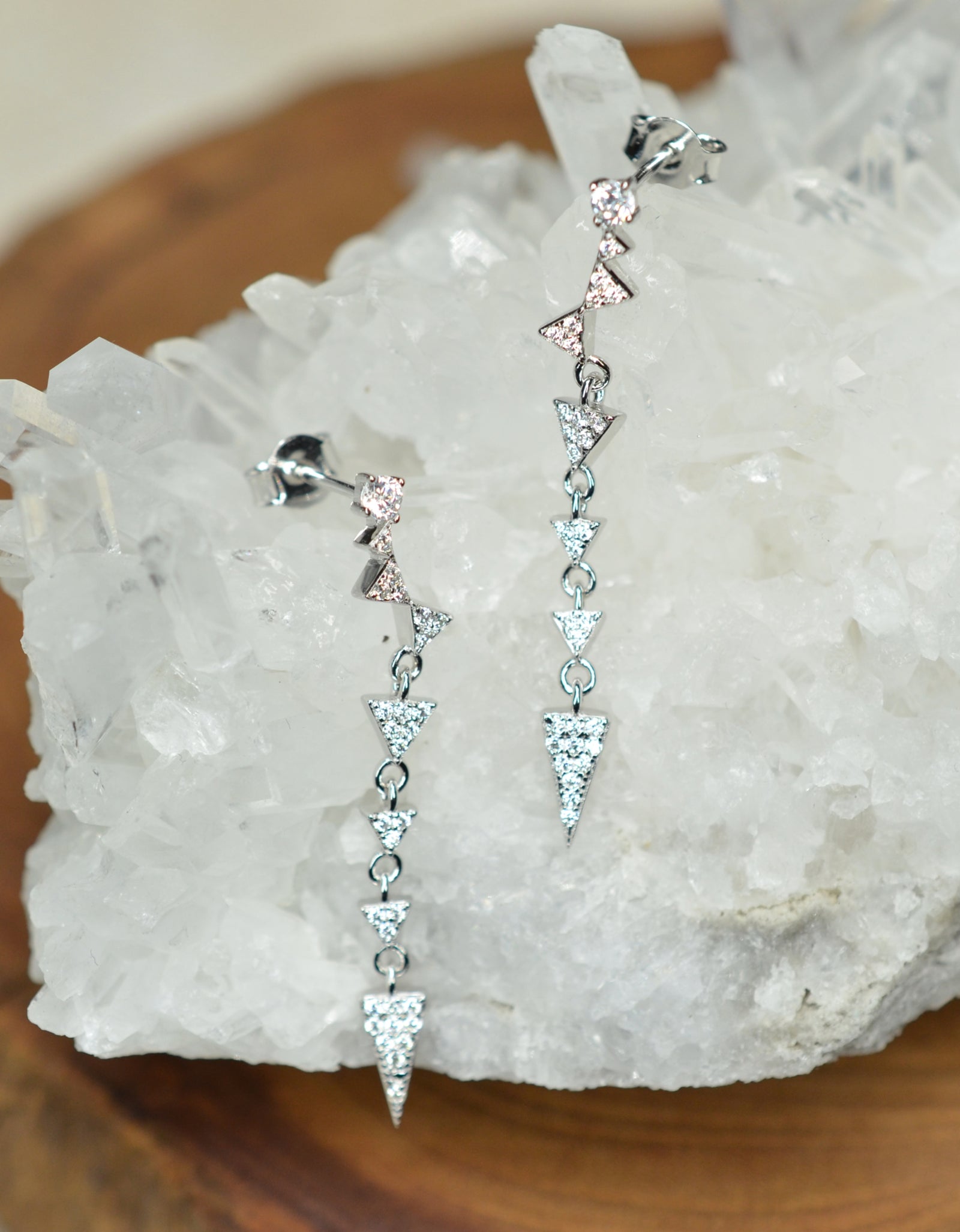 925 Sterling Silver Platinum & Rhodium Plated Long Dangling Triangles Earrings with Cubic Zirconia by Mc9vn | Gift for Her | Ship from US |