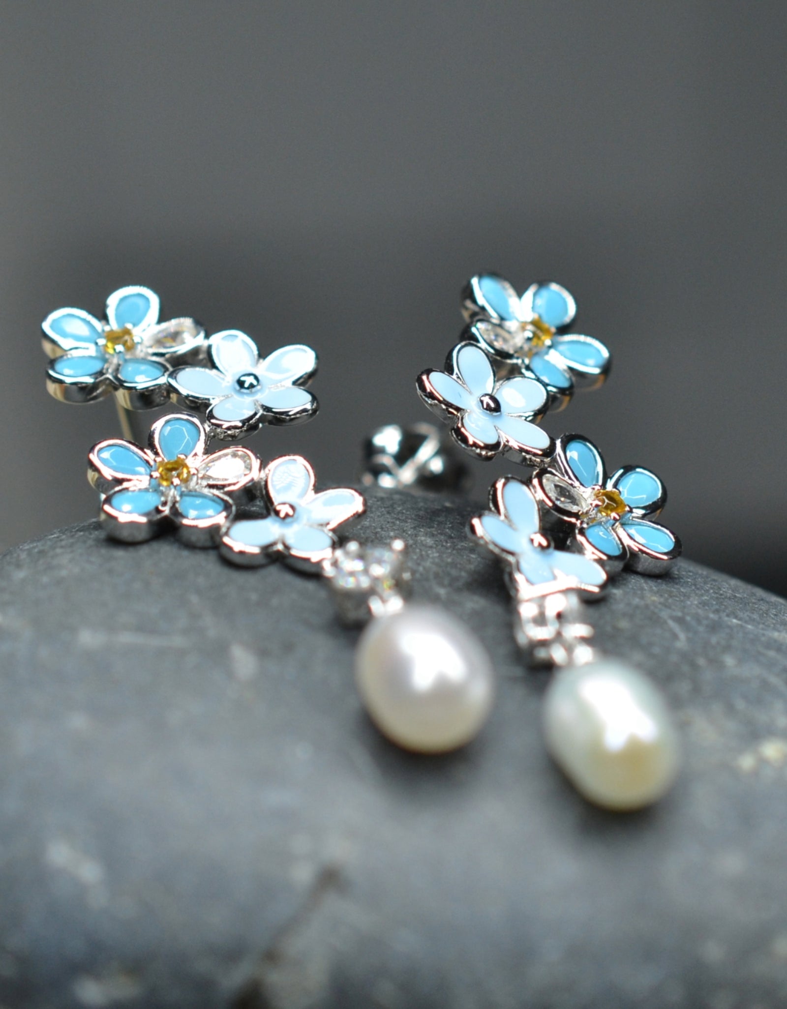 925 Sterling Silver Fresh Water Pearl Flower Dangling Earrings Platinum Plated w/ Baby Blue Nano Gem Cubic Zirconia by Mc9vn |Gift for Her|