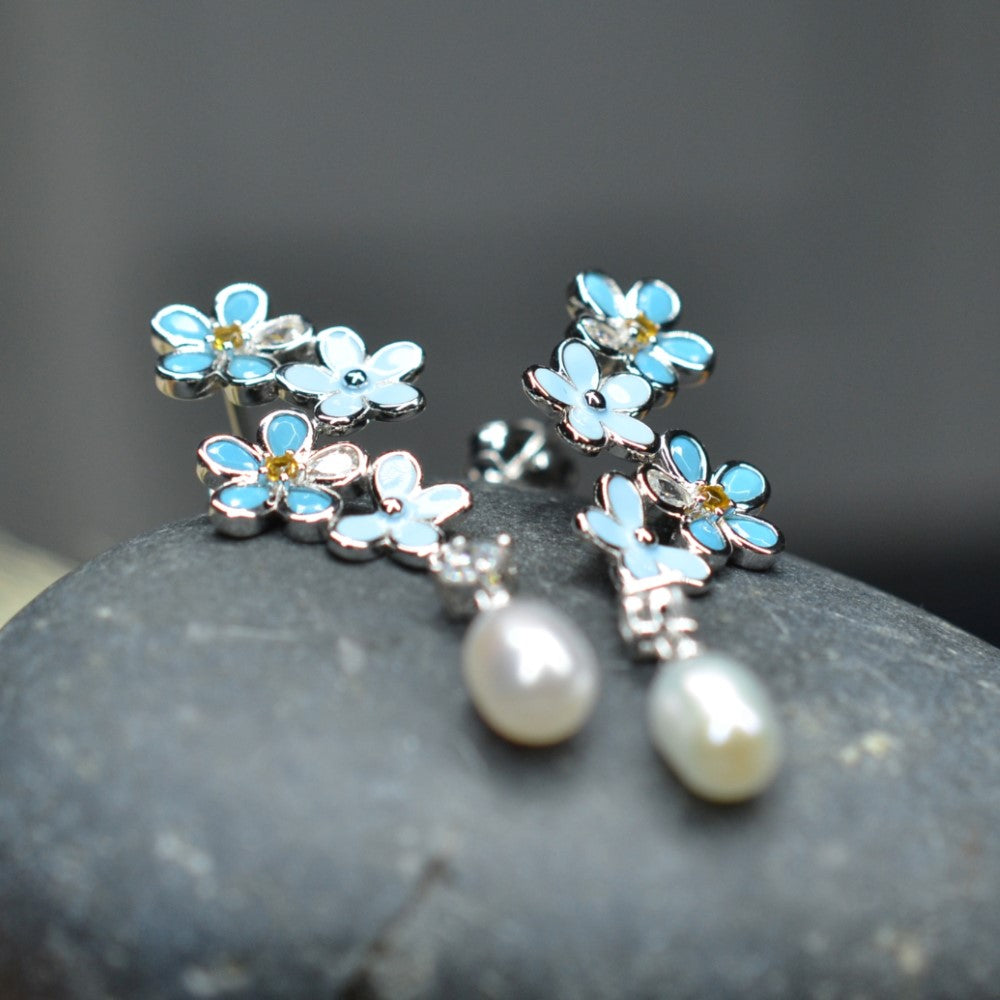 925 Sterling Silver Fresh Water Pearl Flower Dangling Earrings Platinum Plated w/ Baby Blue Nano Gem Cubic Zirconia by Mc9vn |Gift for Her|