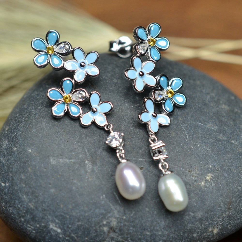 925 Sterling Silver Fresh Water Pearl Flower Dangling Earrings Platinum Plated w/ Baby Blue Nano Gem Cubic Zirconia by Mc9vn |Gift for Her|