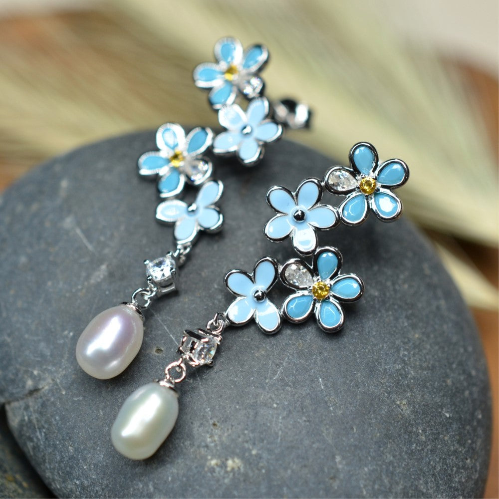 925 Sterling Silver Fresh Water Pearl Flower Dangling Earrings Platinum Plated w/ Baby Blue Nano Gem Cubic Zirconia by Mc9vn |Gift for Her|