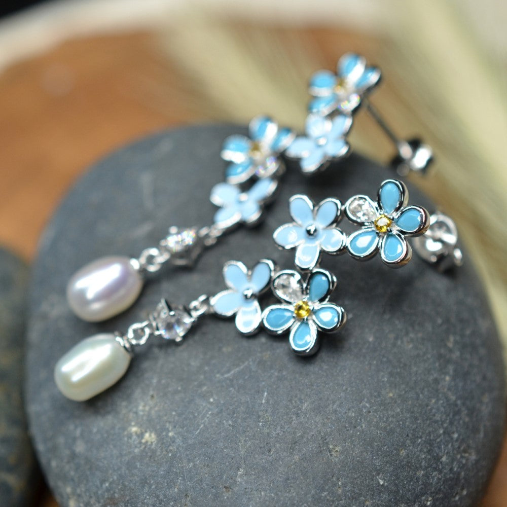 925 Sterling Silver Fresh Water Pearl Flower Dangling Earrings Platinum Plated w/ Baby Blue Nano Gem Cubic Zirconia by Mc9vn |Gift for Her|