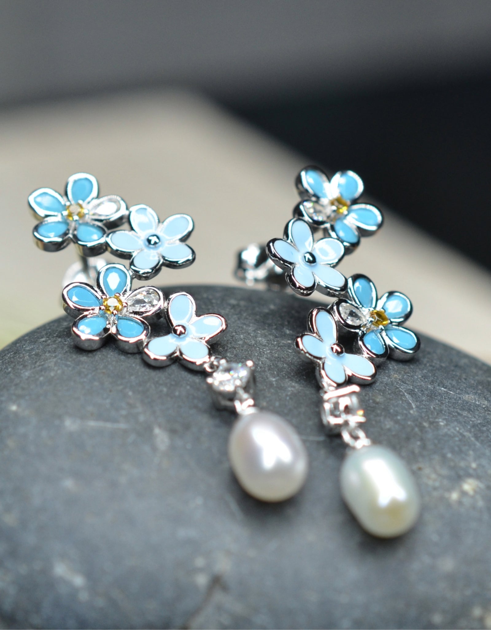 925 Sterling Silver Fresh Water Pearl Flower Dangling Earrings Platinum Plated w/ Baby Blue Nano Gem Cubic Zirconia by Mc9vn |Gift for Her|