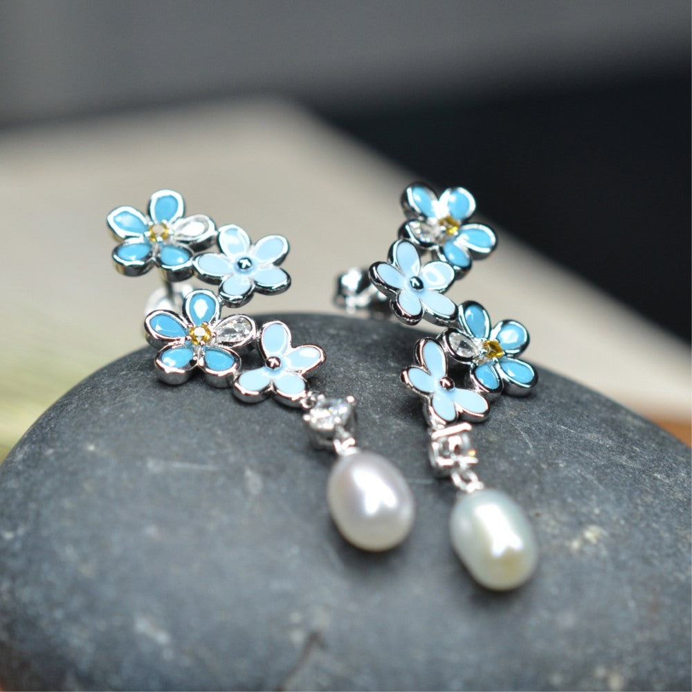 925 Sterling Silver Fresh Water Pearl Flower Dangling Earrings Platinum Plated w/ Baby Blue Nano Gem Cubic Zirconia by Mc9vn |Gift for Her|