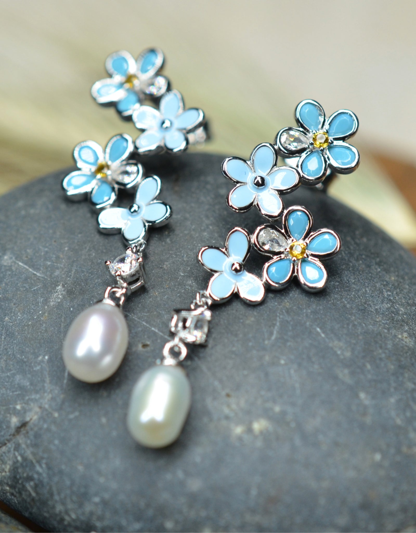 925 Sterling Silver Fresh Water Pearl Flower Dangling Earrings Platinum Plated w/ Baby Blue Nano Gem Cubic Zirconia by Mc9vn |Gift for Her|