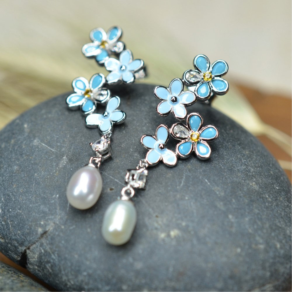 925 Sterling Silver Fresh Water Pearl Flower Dangling Earrings Platinum Plated w/ Baby Blue Nano Gem Cubic Zirconia by Mc9vn |Gift for Her|