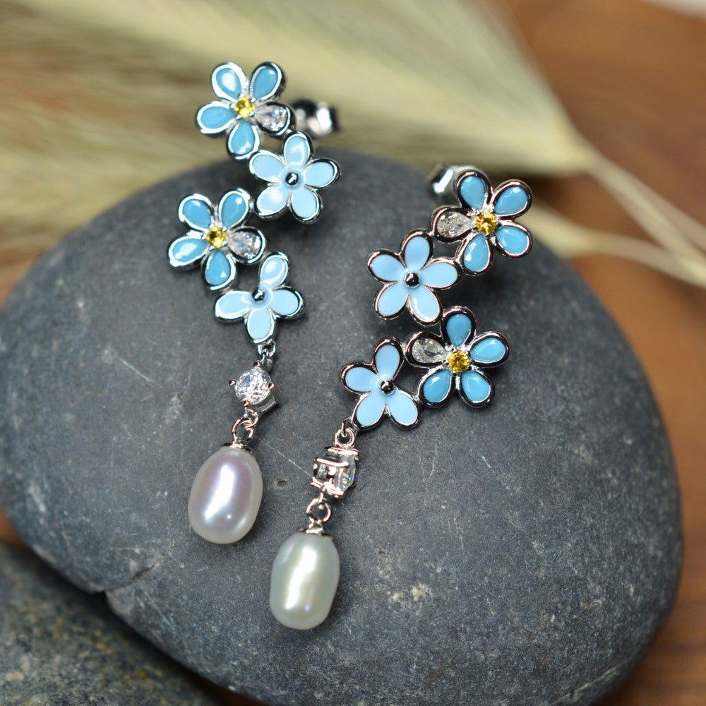 925 Sterling Silver Fresh Water Pearl Flower Dangling Earrings Platinum Plated w/ Baby Blue Nano Gem Cubic Zirconia by Mc9vn |Gift for Her|