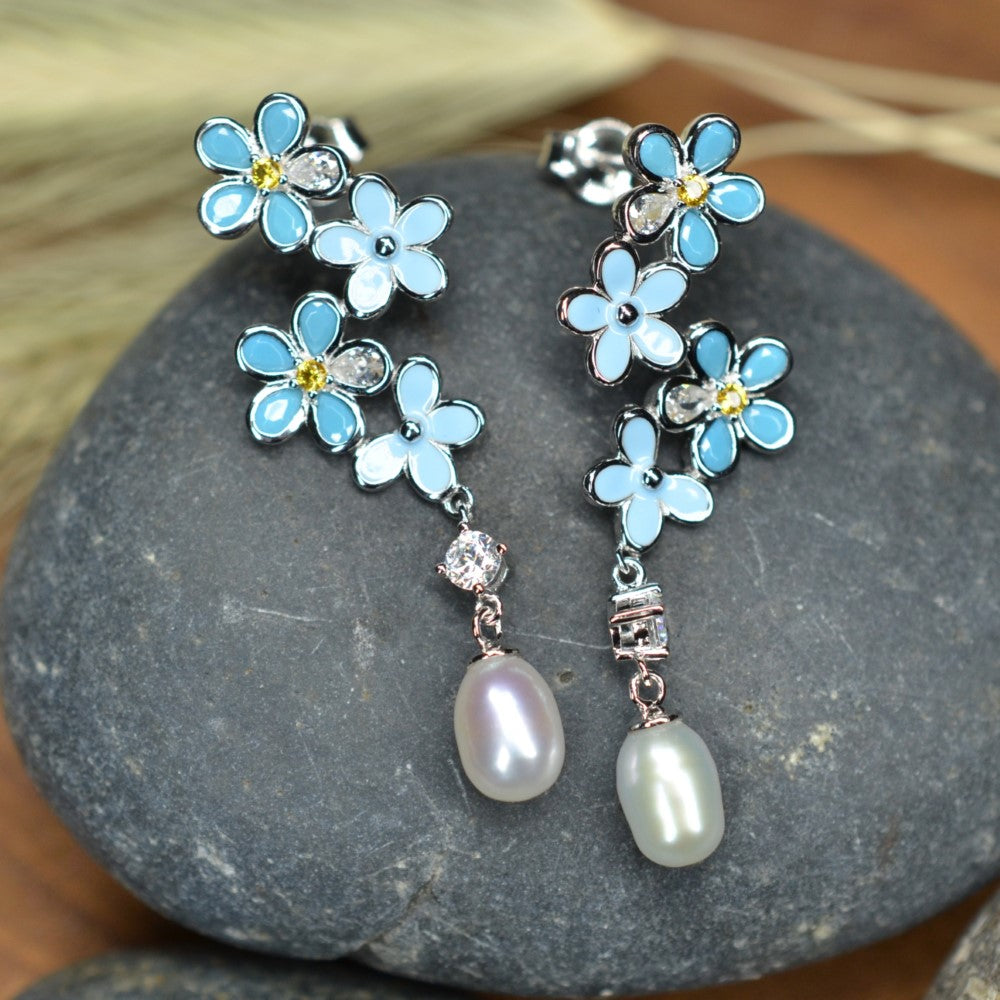 925 Sterling Silver Fresh Water Pearl Flower Dangling Earrings Platinum Plated w/ Baby Blue Nano Gem Cubic Zirconia by Mc9vn |Gift for Her|