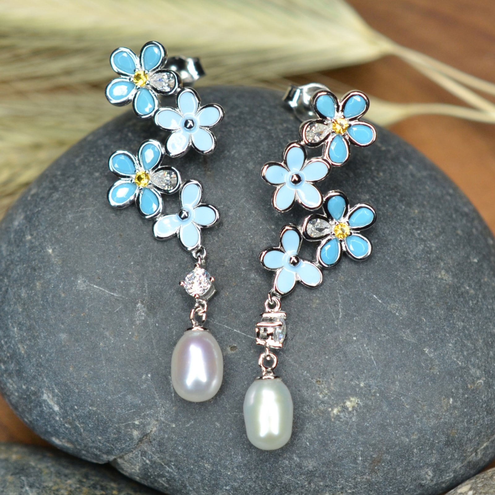 925 Sterling Silver Fresh Water Pearl Flower Dangling Earrings Platinum Plated w/ Baby Blue Nano Gem Cubic Zirconia by Mc9vn |Gift for Her|