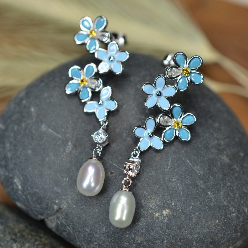 925 Sterling Silver Fresh Water Pearl Flower Dangling Earrings Platinum Plated w/ Baby Blue Nano Gem Cubic Zirconia by Mc9vn |Gift for Her|