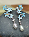 925 Sterling Silver Fresh Water Pearl Flower Dangling Earrings Platinum Plated w/ Baby Blue Nano Gem Cubic Zirconia by Mc9vn |Gift for Her|