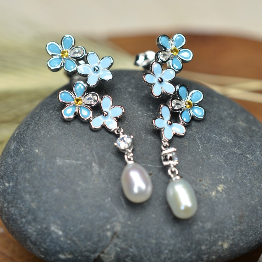 925 Sterling Silver Fresh Water Pearl Flower Dangling Earrings Platinum Plated w/ Baby Blue Nano Gem Cubic Zirconia by Mc9vn |Gift for Her|