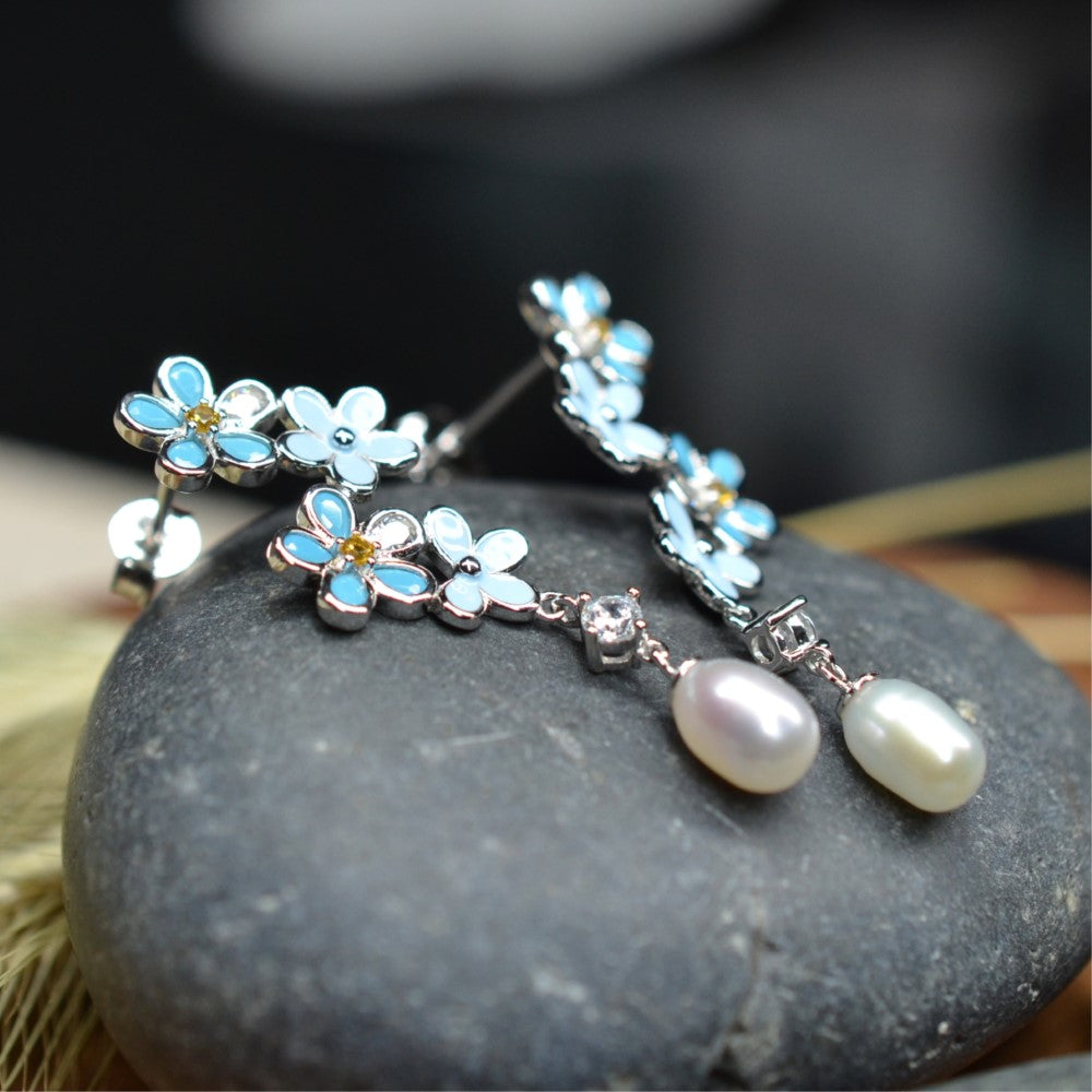 925 Sterling Silver Fresh Water Pearl Flower Dangling Earrings Platinum Plated w/ Baby Blue Nano Gem Cubic Zirconia by Mc9vn |Gift for Her|