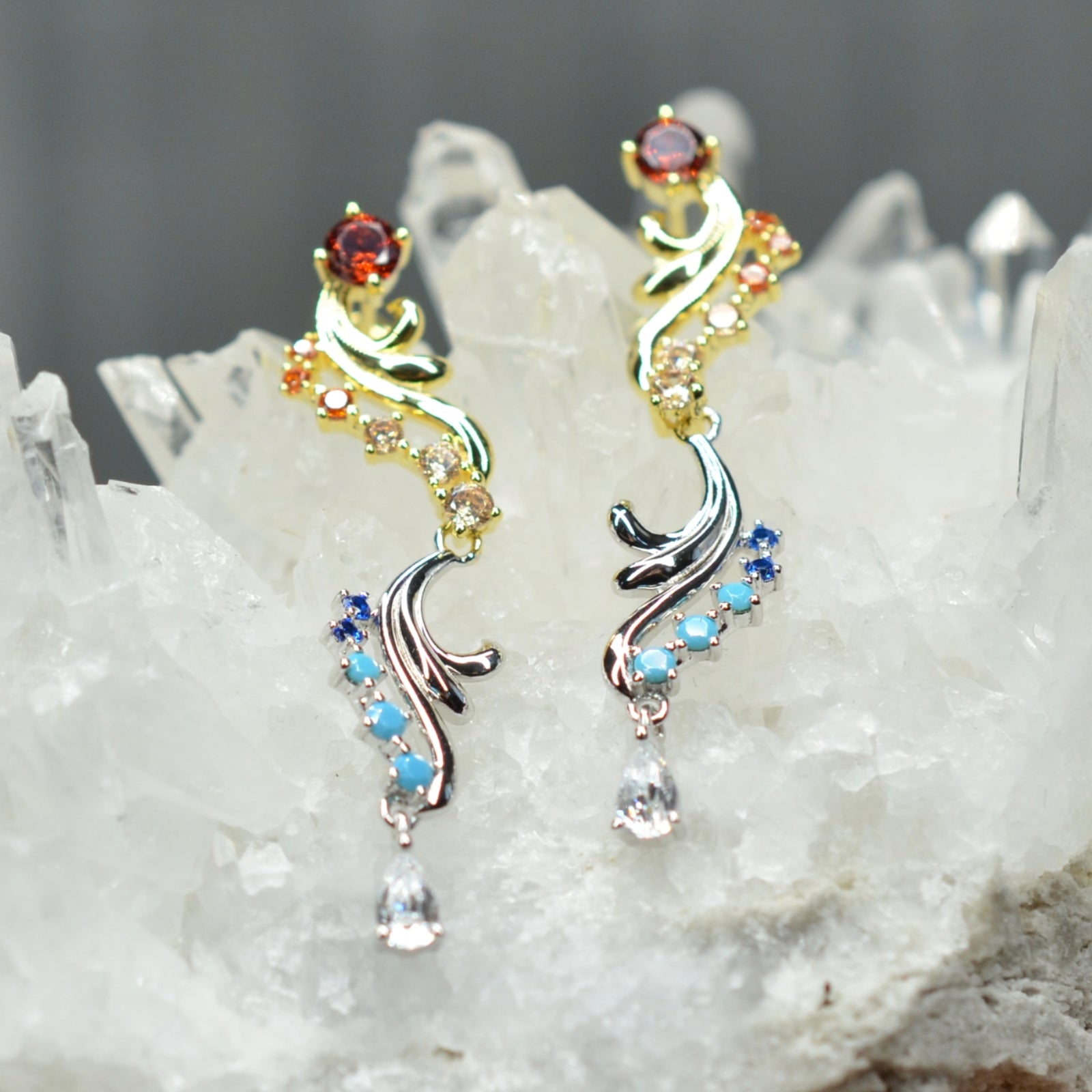 925 Sterling Silver Two Tone Dangling Earrings Platinum and 14K Yellow Gold Plated with Cubic Zirconia Nano Gem by Mc9vn | Gift for Her |