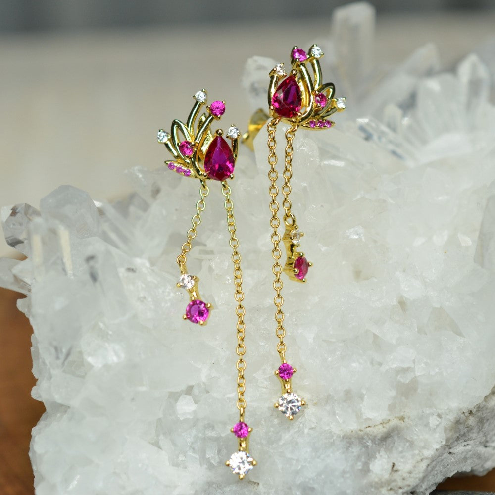 14K Yellow Gold Plated Floral Long Chain Dangling 925 Sterling Silver Earrings w/ Cubic Zirconia Red Corundum by Mc9vn | Gift for Her |