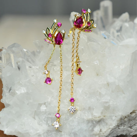 14K Yellow Gold Plated Floral Long Chain Dangling 925 Sterling Silver Earrings w/ Cubic Zirconia Red Corundum by Mc9vn | Gift for Her |